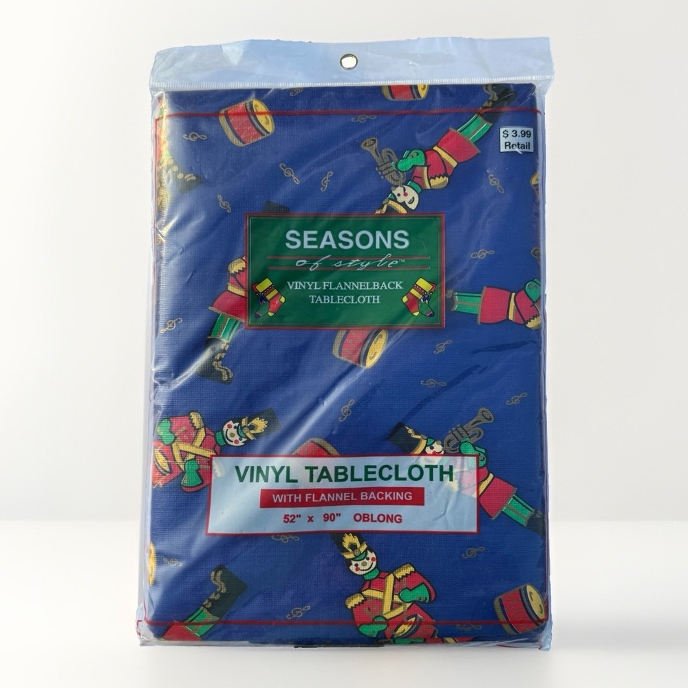 Vintage Christmas Vinyl Flannel Back Tablecloth 52x90" Toy Soldier NOS Sealed